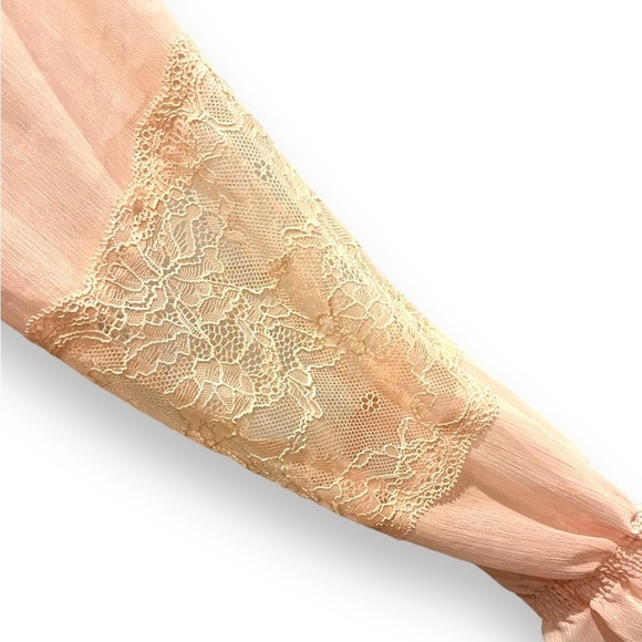 BOSTON PROPER | Sheer Retro Style Lace Sleeve Insert Sheer Light Pink Blouse 10 - Picture 7 of 9